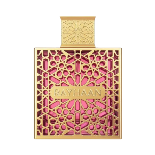 Rayhaan Kiss perfume femenino 100 ml frasco rosa con diseño dorado ornamental elegante