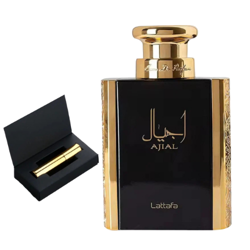 Muestra del perfume Ajial de Lattafa, fragancia de lujo árabe con notas dulces y amaderadas. Elegante, cálida y sofisticada, disponible en Orient Fragance