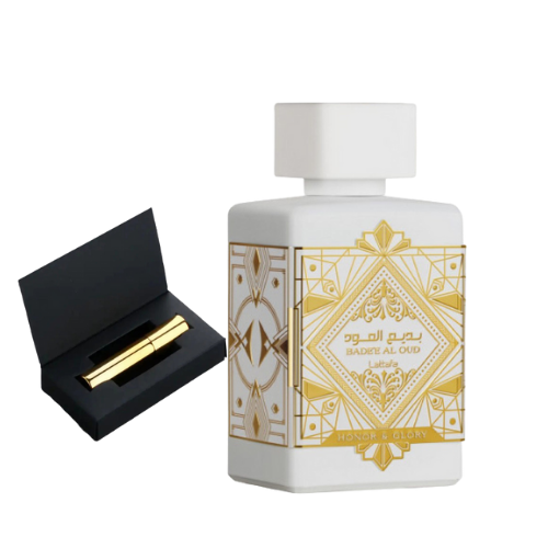 Muestra del perfume Bade’e Al Oud Honor & Glory de Lattafa, fragancia de lujo con oud, miel y vainilla. Intensa, elegante y adictiva, disponible en Orient Fragance