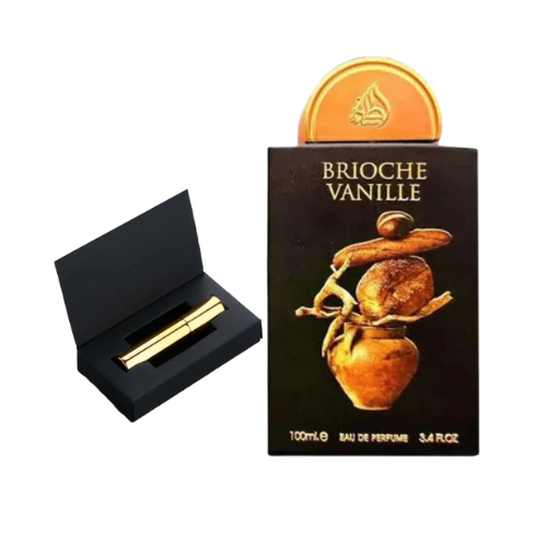 Muestra del perfume Brioche Vanille de Lattafa, fragancia de lujo con notas de vainilla, azúcar y ámbar. Elegante, cálida y adictiva, disponible en Orient Fragance
