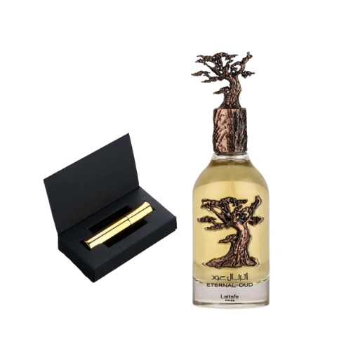 Muestra del perfume Éternel Oud de Lattafa, fragancia de lujo con oud refinado y notas orientales. Elegante, cálida y sofisticada, disponible en Orient Fragance