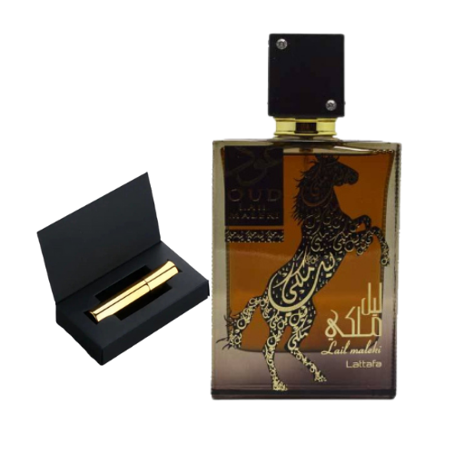 Muestra del perfume Laila Malaki de Lattafa, fragancia de lujo con notas orientales y florales. Un perfume sofisticado y exclusivo disponible en Orient Fragance