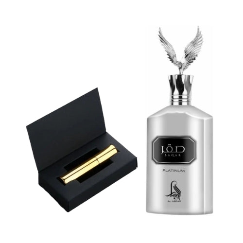Imagen detallada del perfume Saqar Platinum de Al Absar, fragancia masculina 100ml de larga duración.