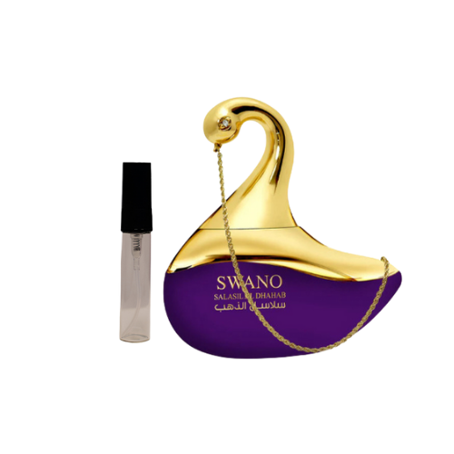 Muestra del perfume Swano Salasil Dhahab, fragancia de lujo árabe con notas ambaradas y orientales. Elegancia dorada y sofisticada en cada gota.