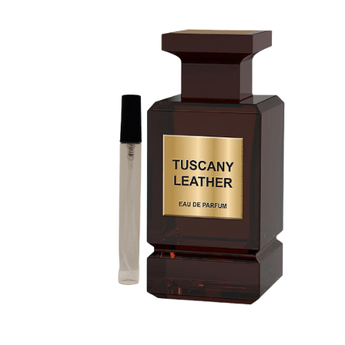 Decant de Tuscany Leather, perfume de lujo inspirado en la intensidad del cuero toscano. Fragancia elegante, amaderada y sensual disponible en Orient Fragance