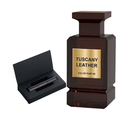 Decant de Tuscany Leather, perfume de lujo inspirado en la intensidad del cuero toscano. Fragancia elegante, amaderada y sensual disponible en Orient Fragance