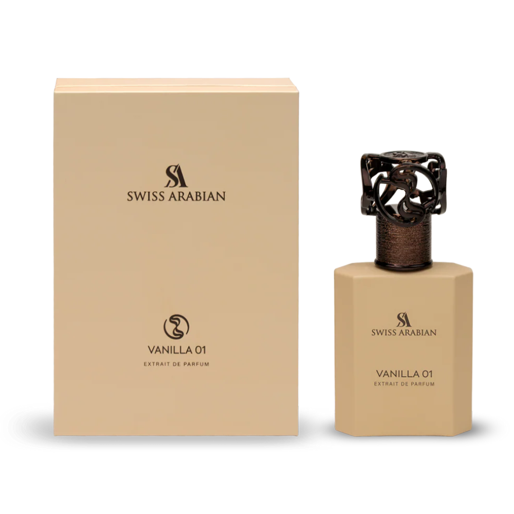 Perfume Vanilla 01 de Swiss Arabian, fragancia de lujo con vainilla de Madagascar, almizcle y sándalo. Dulce, elegante y envolvente, disponible en Orient Fragance