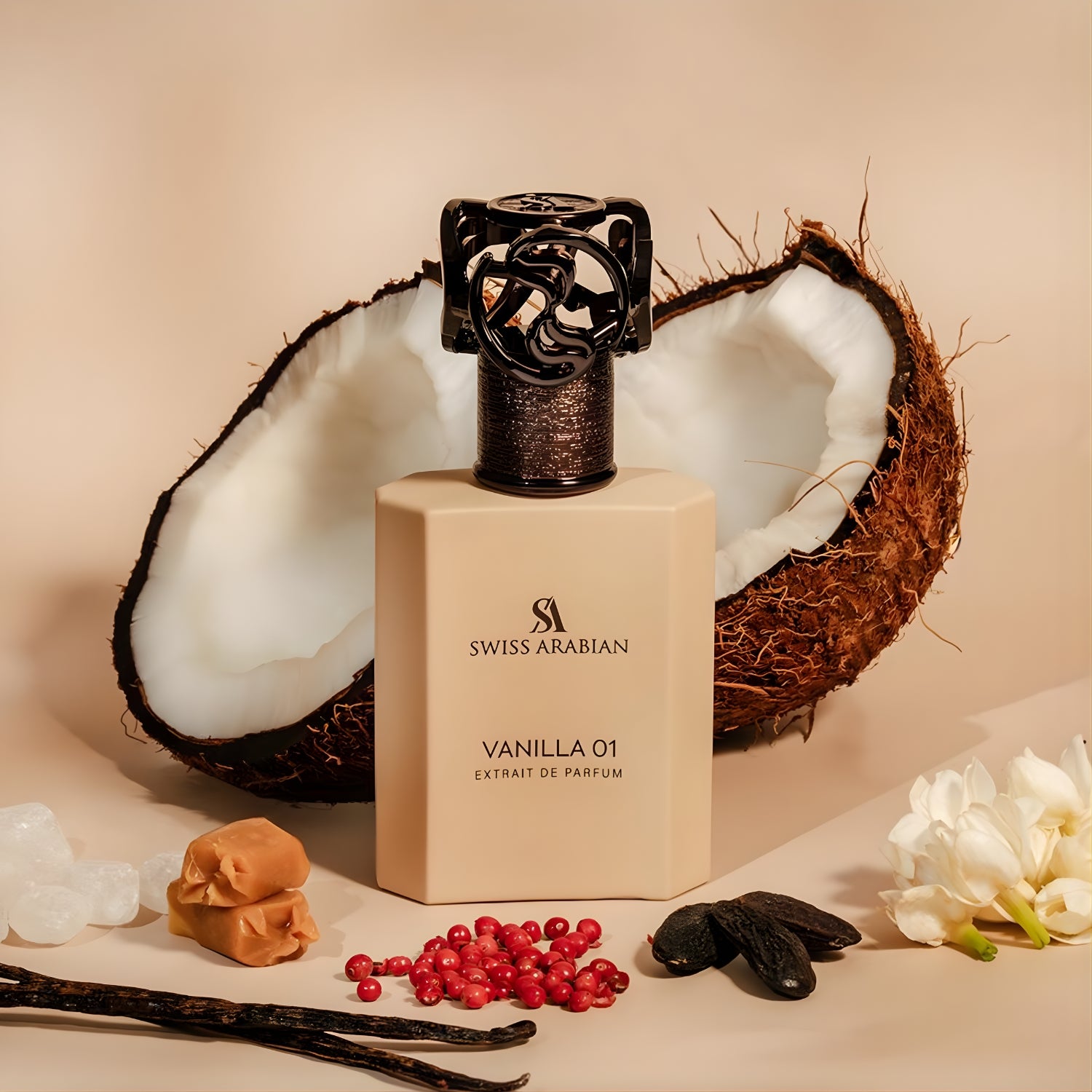 Perfume Vanilla 01 de Swiss Arabian, fragancia de lujo con vainilla de Madagascar, almizcle y sándalo. Dulce, elegante y envolvente, disponible en Orient Fragance