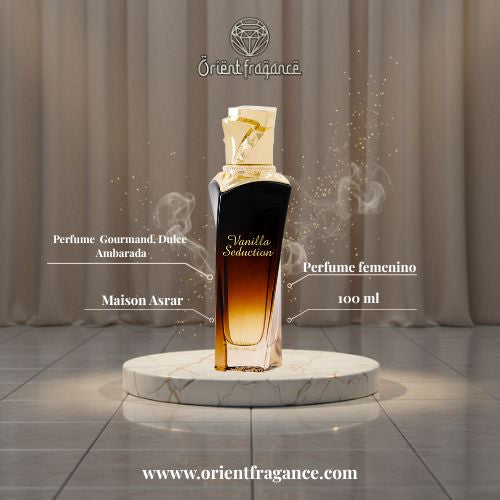 Vanilla Seduction de Maison Asrar, fragancia envolvente con vainilla cálida, almizcle y matices florales suaves. Una experiencia olfativa sofisticada.