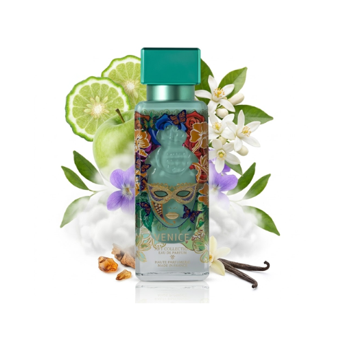 Detalle del frasco Venice acabado premium perfume unisex refinado y moderno